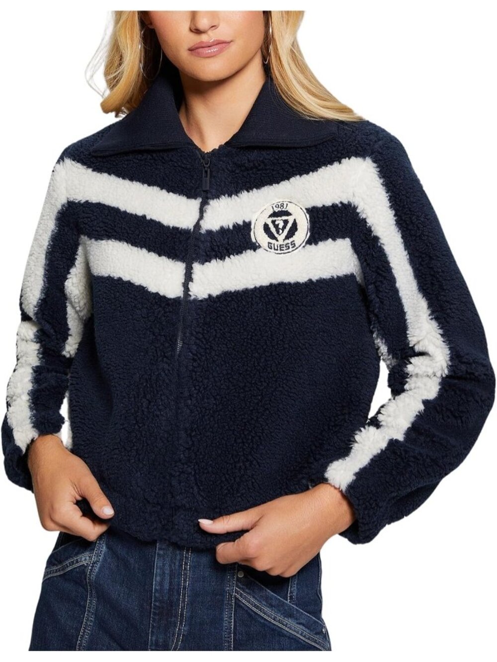 Guess Women's Daring Ocean Imported Polyester Long Sleeve Zipper Sherpa Jackets